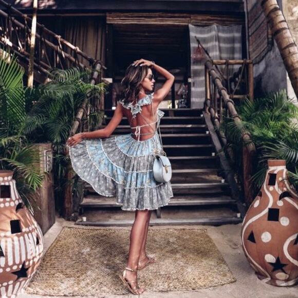 Zimmermann Caravan Tiered Sun Dress Splice Blue Floral Ruffle Pom Pom Trim Mini - Picture 2 of 13